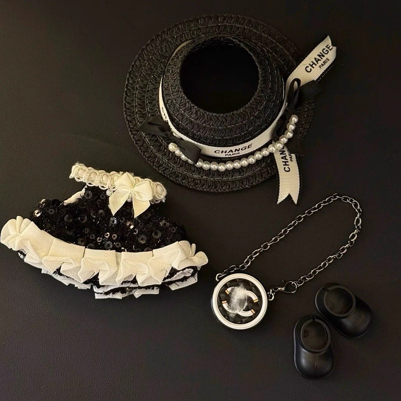 Black Chanel style sequined skirt for labubu - Image 3