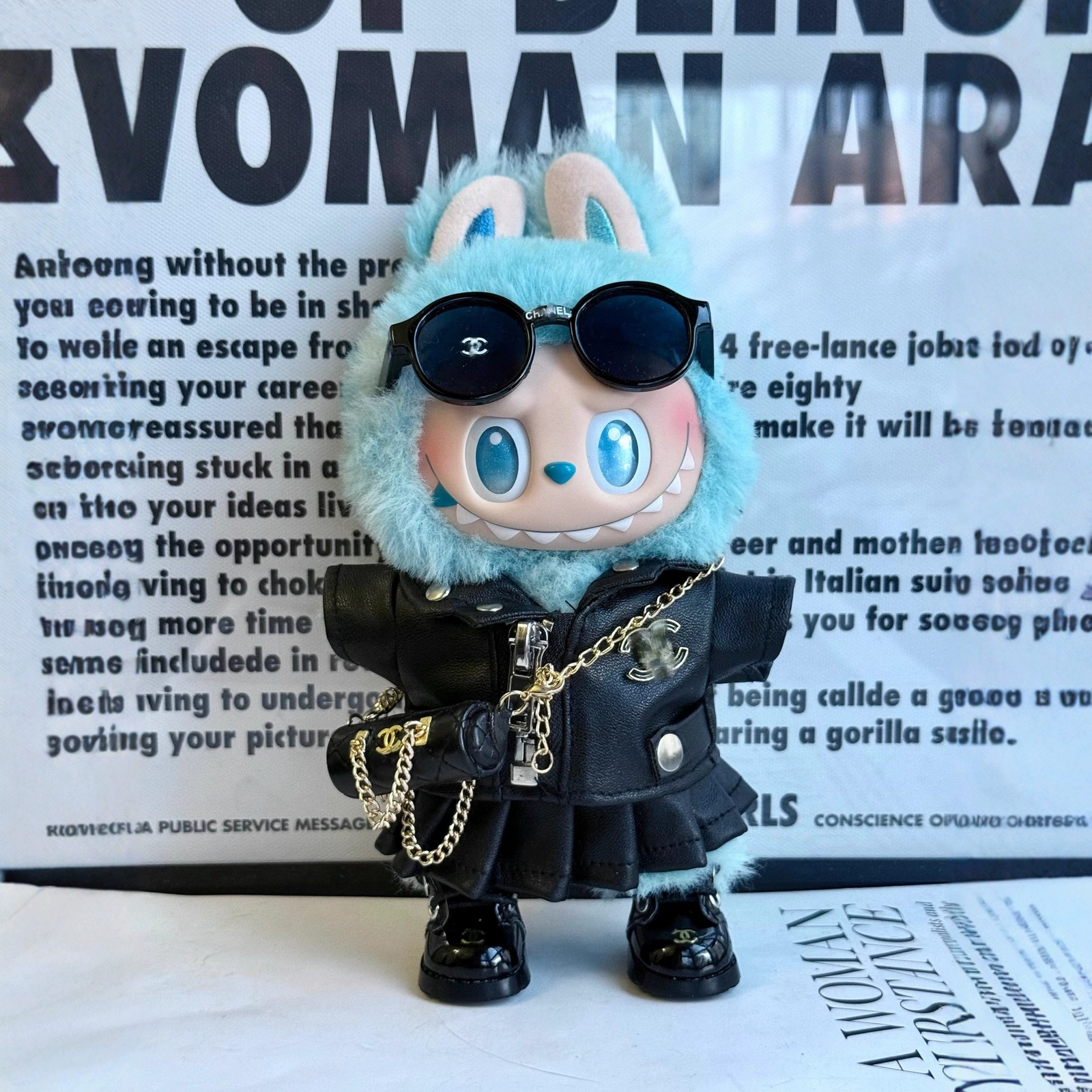 C- black leather jacket and skirt set for labubu